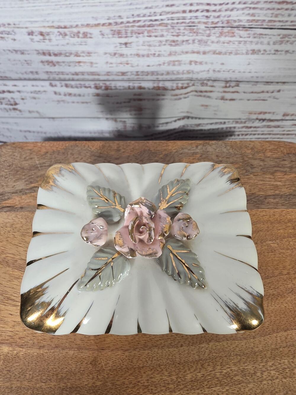 VTG Porcelain Trinket Box with Raised Rose & Gold Trim Floral Lid Jewelry Box